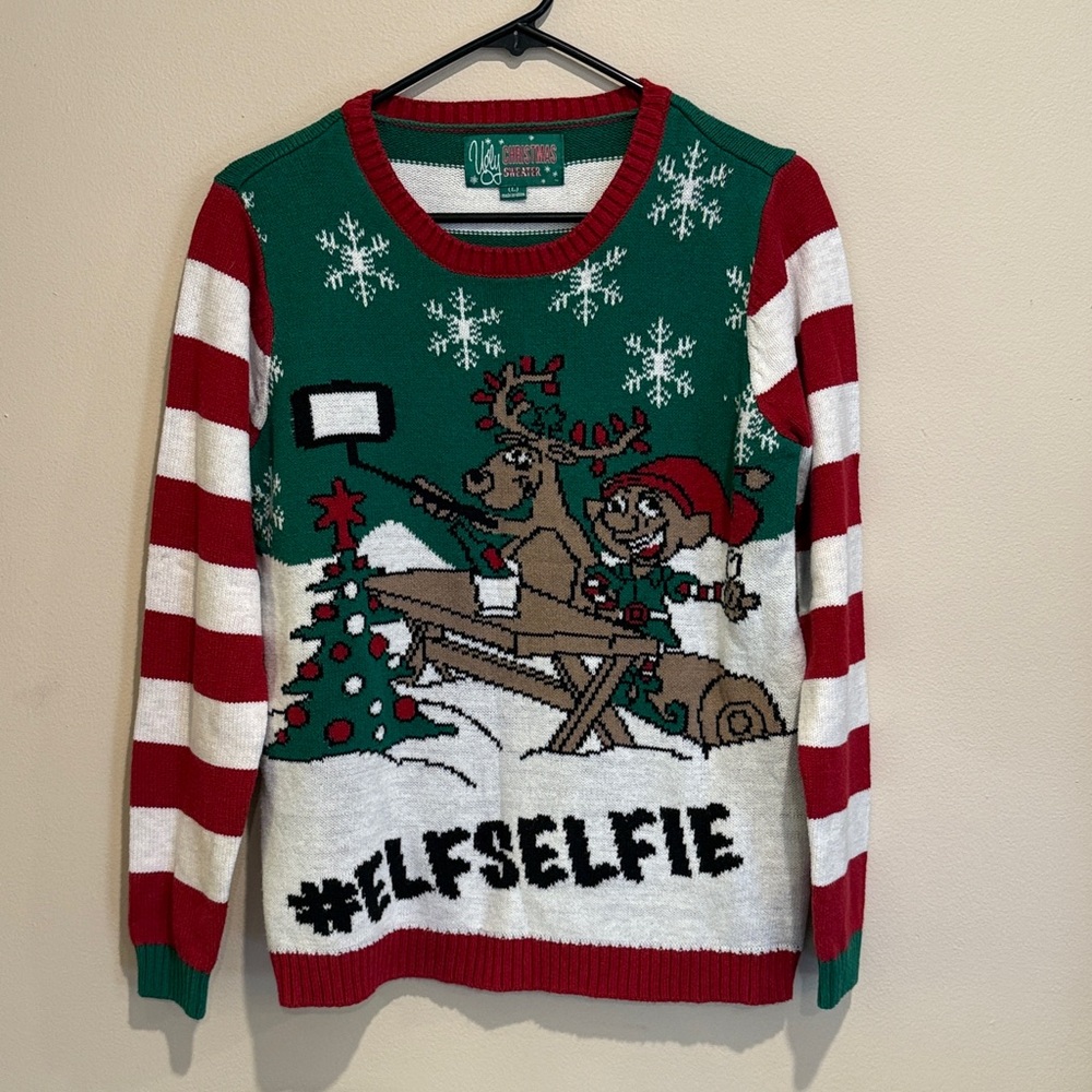 Ugly Christmas Sweater Green and Red stripes Reindeer Selfie - Unisex